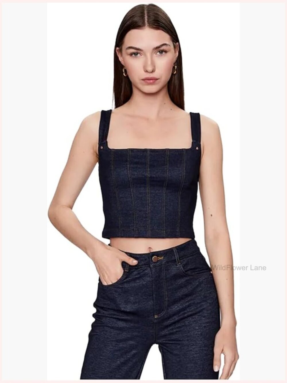 Denim corset top with exposed zipper, adjustable straps